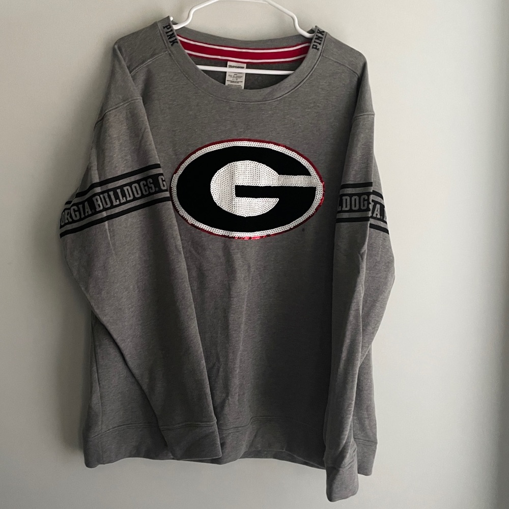 PINK Victorias Secret Crewneck Sweater Womens Gray UGA Georgia Bulldogs Size L